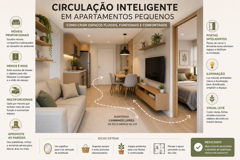 Como criar circulação inteligente em apartamentos pequenos sem deixar os ambientes apertados